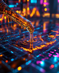 Poster - close up of flowing crude oil with vibrant holographic graphs