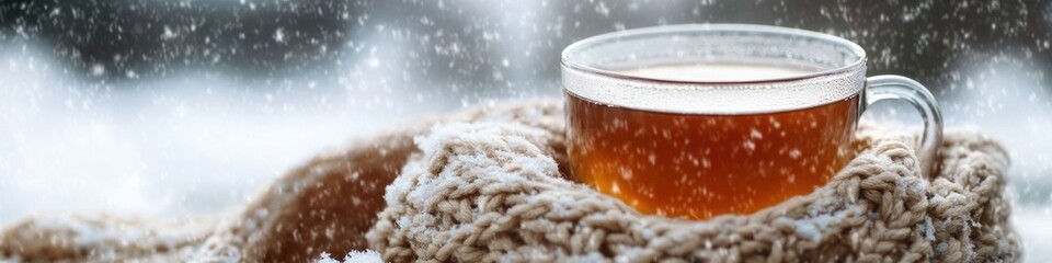 Poster - A person enjoying a warm cup of tea while standing outside in the snow