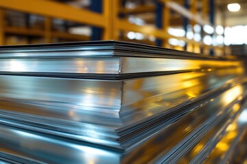 Poster - Warehouse storage area filled with stacked metal sheets, ideal for commercial use