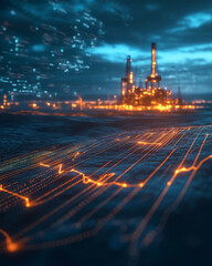 Poster - dynamic chart displaying oil production with factory backdrop