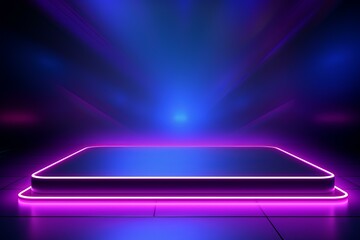 Poster - Empty futuristic podium illuminated by neon lights, perfect for showcasing products in a modern and stylish setting