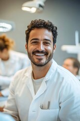 Poster - A scientist with a friendly smile looks directly at the camera, wearing a white lab coat