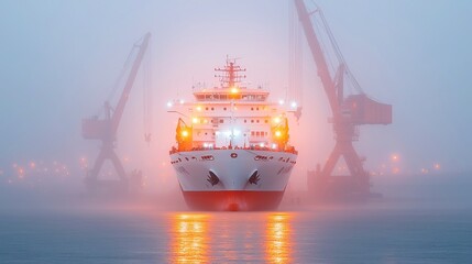 Poster - Nighttime Shipbuilding Activity, cranes diligently working on a cargo vessel, illuminated by strong floodlights, emphasizing the industrial atmosphere and focused operations.