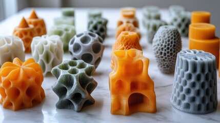 Poster - Colorful 3D-printed geometric models displayed on a marble surface with soft lighting