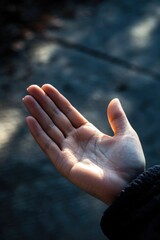 Poster - A person holds their hand out to soak up the warm sunlight, with a calm and peaceful expression