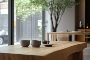 Poster - A wooden table with two cups placed on it