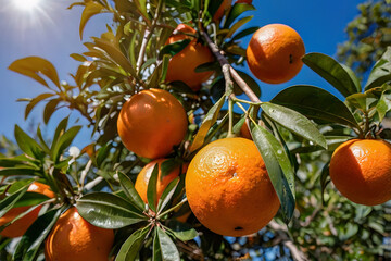 Wall Mural - Orange hanging in tree close up fruit and green leaf bush branch with sunny light and freshness of organic farm field garden agriculture raw material produce to juice and food ingredient