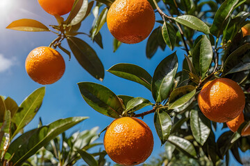 Wall Mural - Orange hanging in tree close up fruit and green leaf bush branch with sunny light and freshness of organic farm field garden agriculture raw material produce to juice and food ingredient