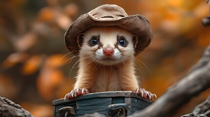  Cute ferret in cowboy hat, autumn woods, treasure chest