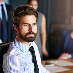 Poster - Serious, thinking and man in office, ambitious and planning for auditing, corporate and accountant. Professional, contemplating and bookkeeper with ideas for financial growth, wondering and business
