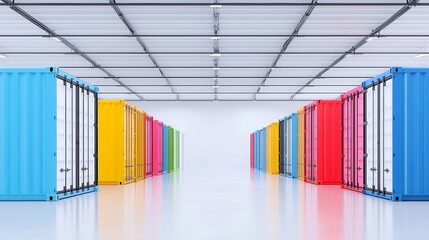 Poster - Stacked Shipping Containers, towering colorful steel boxes in a dockyard, illuminated by dim industrial lamps, creating a striking urban landscape amidst a minimalist background