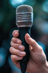 Poster - A person holding a microphone, suitable for speeches, presentations and similar events