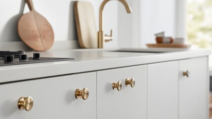 Wall Mural - A modern kitchen interior featuring a stove top oven and white cabinets