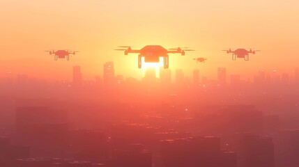 Poster - Urban Delivery Dynamics, an intricate network of delivery bikes, vans, and drones efficiently distributing packages through a bustling city as the sun sets in a vibrant orange sky