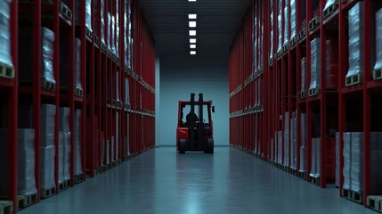 Poster - Nighttime Warehouse Operations, pallets towering in rows, forklifts maneuvering skillfully, artificial lights illuminating the scene against the dimming twilight.