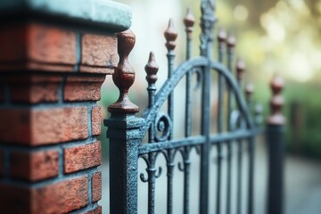 Poster - Close-up view of a metal fence with a brick wall, suitable for use in architectural or structural context