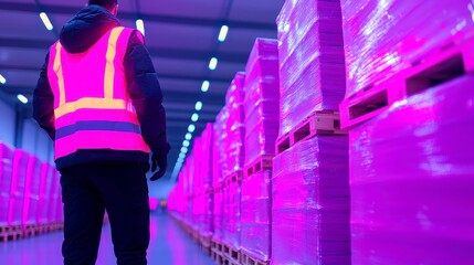 Poster - Warehouse Night Operations, employees efficiently sorting and scanning shipments, vibrant neon vests illuminated by overhead floodlights, organized workspace, serene atmosphere