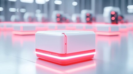 Poster - Warehouse Robots Efficiently Sorting Parcels, automated logistics in motion, illuminated scanner lights directing inventory, organized and streamlined environment, spacious and uncluttered setting