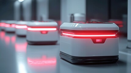 Poster - Warehouse Robotics in Action, automated sorting of parcels, glowing scanner lights efficiently processing inventory in a clean, minimalist environment with ample free space.