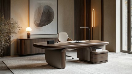 Poster - A stylish office setting featuring a sleek wooden desk, a comfortable chair, and contemporary decor elements that inspire creativity and productivity. Warm natural light fills the room