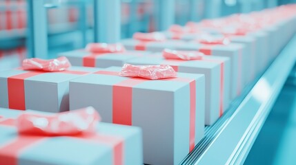 Poster - Airport Freight Hub, an organized expanse filled with thousands of parcels, conveyor belts in motion, minimalist design, spacious and efficient environment for logistics operations