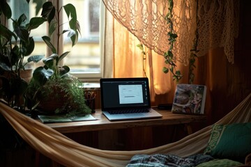 Poster - A laptop computer sitting on a wooden desk