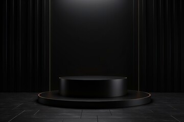 Poster - Black and gold podium standing in a dark room with a subtle light illuminating the scene, perfect for displaying products