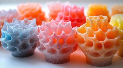 Poster - Colorful 3D-printed vases in various hues arranged artistically on a bright background