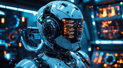 Poster - Cybernetic Sentinel with A Futuristic Robot in a High-Tech Control Room