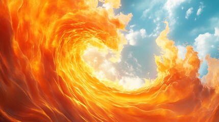 Wall Mural - Fiery wave swirls dramatically against a bright blue sky creating a vibrant contrast. AI Generated