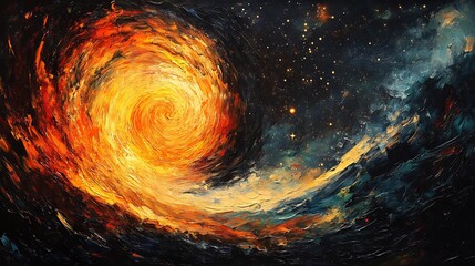 Wall Mural - Fiery cosmic swirl art painting dark night sky bright orange yellow hues. AI Generated