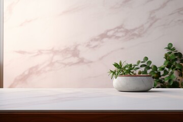 Poster - Minimalist interior design featuring an empty marble table, a potted plant, and a pink marble wall, creating a serene and stylish space