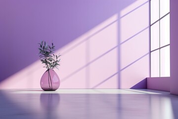 Poster - Light entering modern purple room illuminating plant in vase