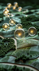 Poster - surreal depiction of environmental restoration with glowing spheres on green landscape, symbolizing growth and renewal