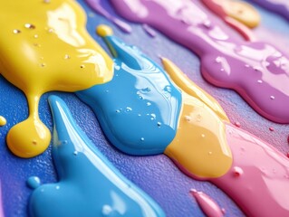 Poster - Close up of blue surface with colorful paint splashes and abstract patterns for artistic use