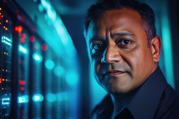 Poster - A person standing next to a row of computer servers, great for IT or technology concepts