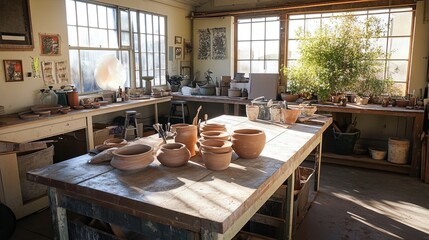 Wall Mural - A pottery studio with unfinished clay pots and tools on a workbench.