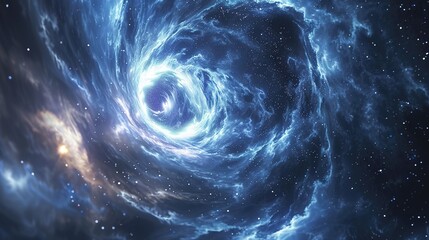 close-up view of a star cluster surrounded by swirling cosmic clouds, with radiant light emanating f