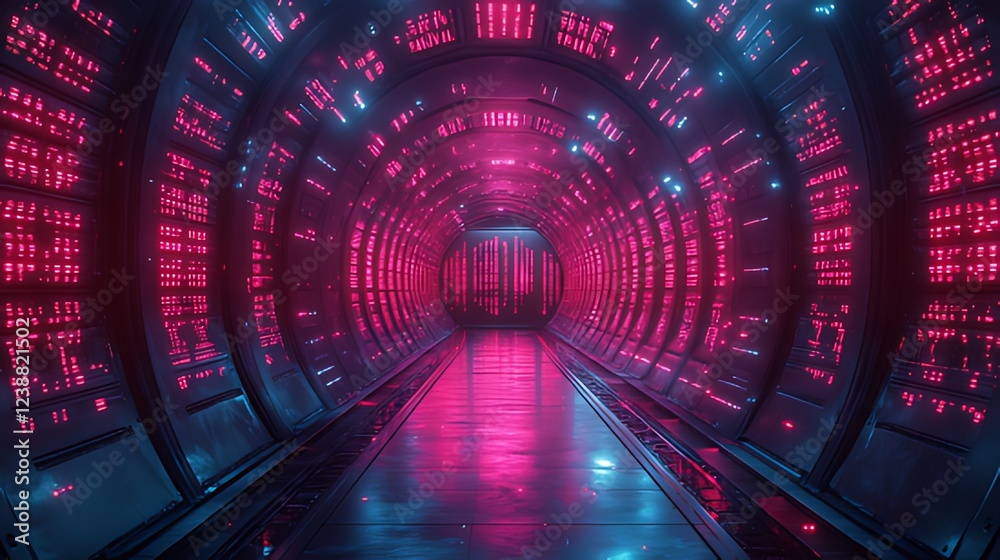 Futuristic corridor, neon lights, data center, glowing panels, digital ...