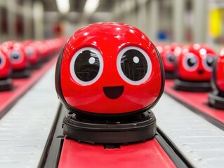 Poster - Red robot toy placed on assembly line in realistic industrial setting for photography