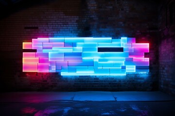Poster - Pink and blue neon lights illuminating a brick wall in a dark urban setting, creating a futuristic and vibrant atmosphere