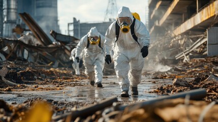 Hazmat workers in protective suits investigate industrial wasteland amidst debris