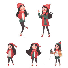 Five cute girl illustrations in cozy winter clothes perfect for holiday cards or winter themed projects. Use for websites blogs or social media