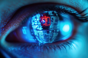 Poster - A close-up view of an eye with a computer chip implanted in the iris, ideal for futuristic or sci-fi themed projects