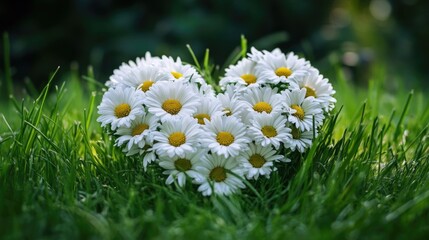 Wall Mural - Close-up view of a bunch of daisies sitting on top of a lush green field