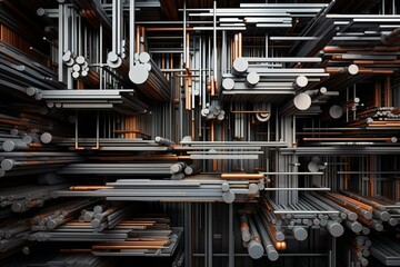 Poster - Intricate network of interconnected copper and steel cylinders creates a mesmerizing visual, evoking a futuristic cityscape or complex machinery