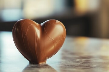 Wall Mural - A chocolate heart sits alone on a table with a blurred background, perfect for romantic or holiday-themed uses