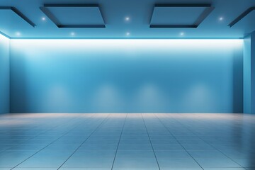 Poster - Modern and minimalist blue empty room with tiled floor and spotlights creating a spacious and clean atmosphere