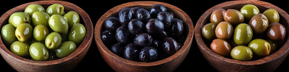 Wall Mural - Three wooden bowls filled with various olive types