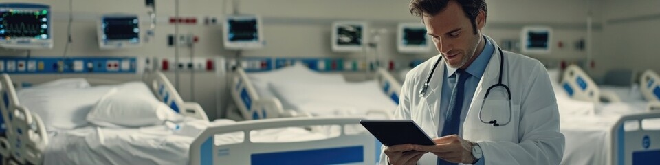 Poster - a person in a medical uniform examines a digital device, likely for educational or professional purp